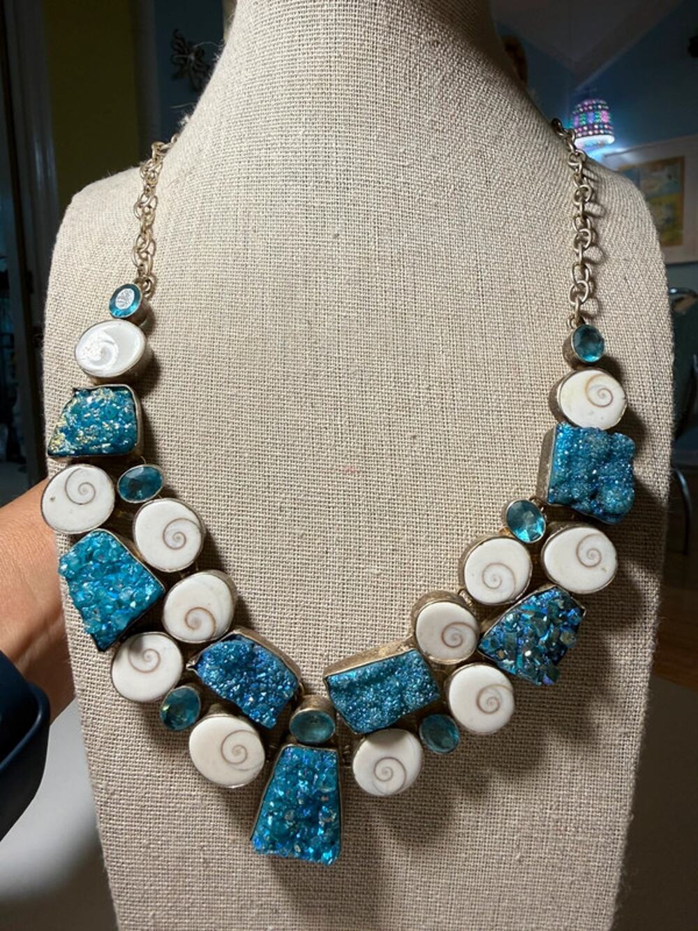 925 Sterling Silver Shiva Eye Shell Blue Druzy Statement Bib Necklace 19โ